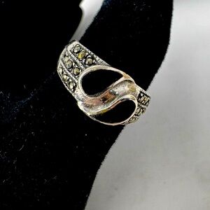 VINTAGE STERLING SILVER 925 ART DECO RING black onyx with marcasite size 6 3/4